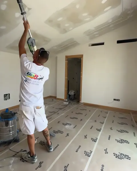 Pintor lijando el techo de una habitación con lijadora de pértiga y aspiración